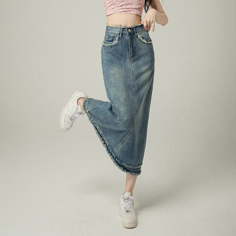 Fustă din denim pentru femei, margini uzate, talie înaltă, croială A-line, lungime midi, stil vintage