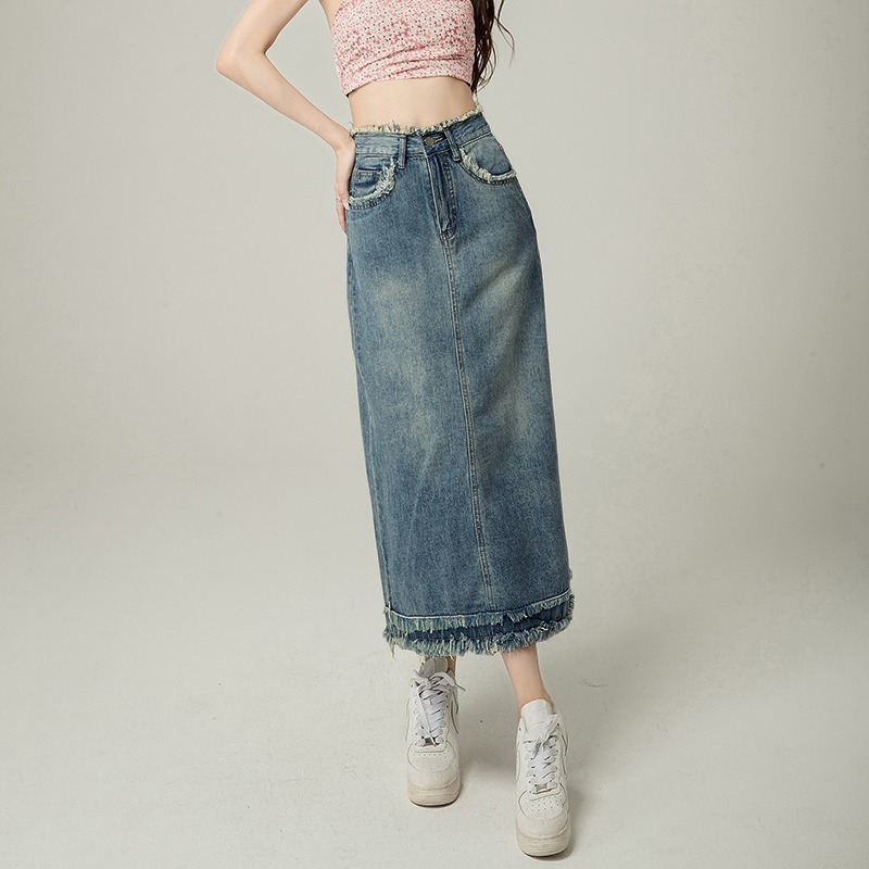 Fustă din denim pentru femei, margini uzate, talie înaltă, croială A-line, lungime midi, stil vintage