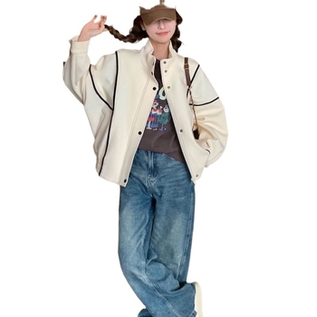 Γυναικείο baseball jacket για άνοιξη-φθινόπωρο για μικροσωματικές γυναίκες, με σταθερό γιακά, άνετη γραμμή, κοντό παλτό με επένδυση φλίς και ορατές ραφές