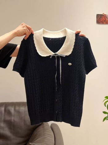 Γυναικείο πλεκτό cardigan με γιακά κούκλας, στενή γραμμή, κοντά μανίκια, άνοιξη-καλοκαίρι 2026