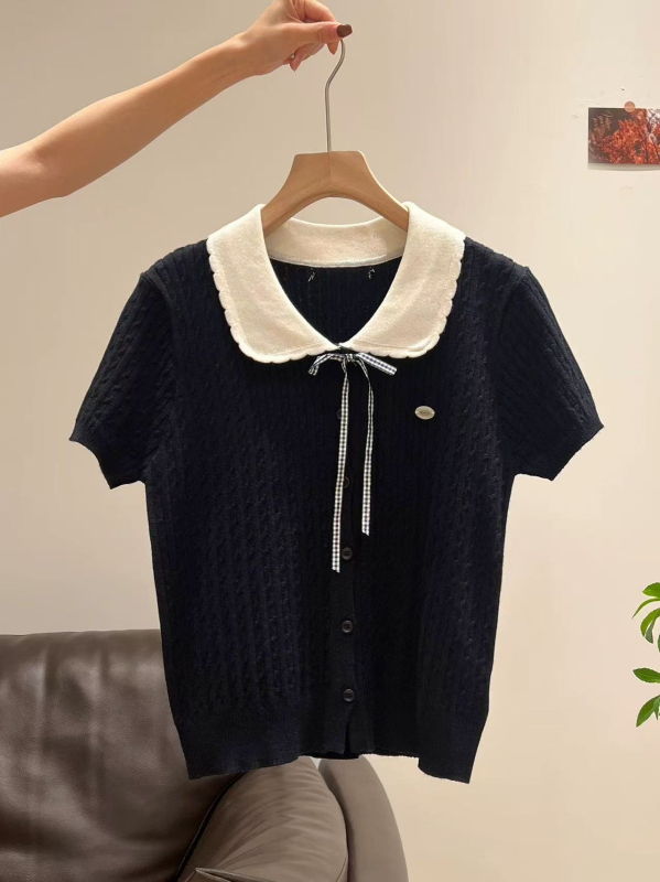 Γυναικείο πλεκτό cardigan με γιακά κούκλας, στενή γραμμή, κοντά μανίκια, άνοιξη-καλοκαίρι 2026
