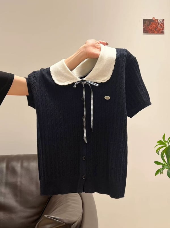 Γυναικείο πλεκτό cardigan με γιακά κούκλας, στενή γραμμή, κοντά μανίκια, άνοιξη-καλοκαίρι 2026