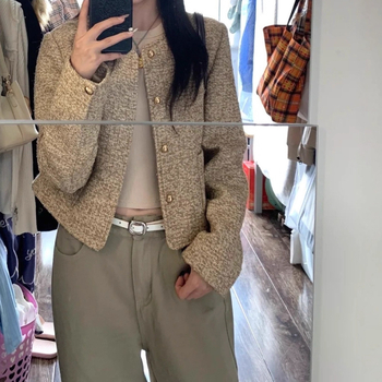 Φθινοπωρινό 2025 Νέο Casual Chanel-Style Χακί Tweed Κοντό Γυναικείο Μπουφάν