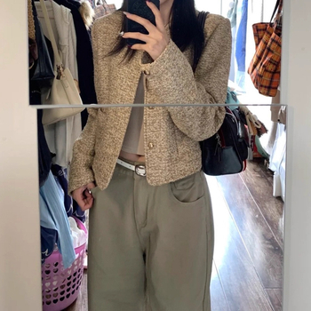 Φθινοπωρινό 2025 Νέο Casual Chanel-Style Χακί Tweed Κοντό Γυναικείο Μπουφάν