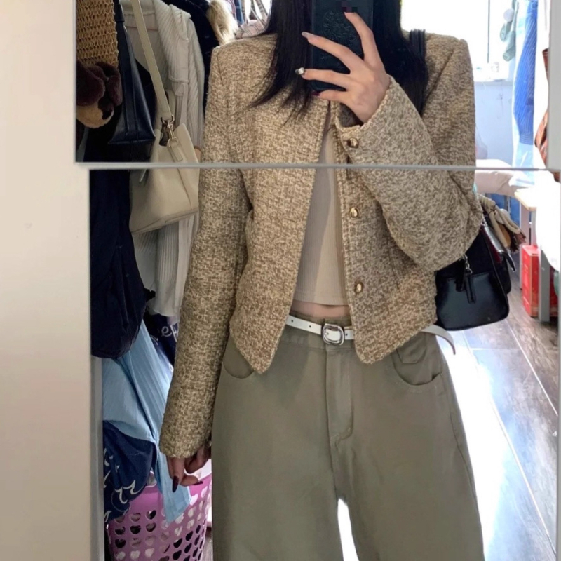 Φθινοπωρινό 2025 Νέο Casual Chanel-Style Χακί Tweed Κοντό Γυναικείο Μπουφάν