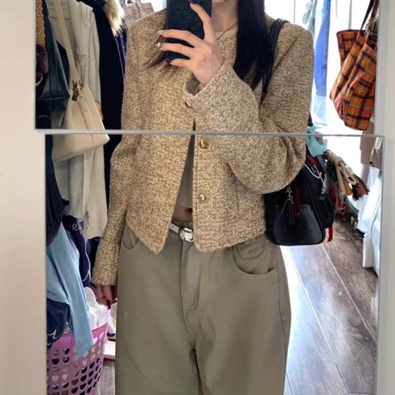 Φθινοπωρινό 2025 Νέο Casual Chanel-Style Χακί Tweed Κοντό Γυναικείο Μπουφάν