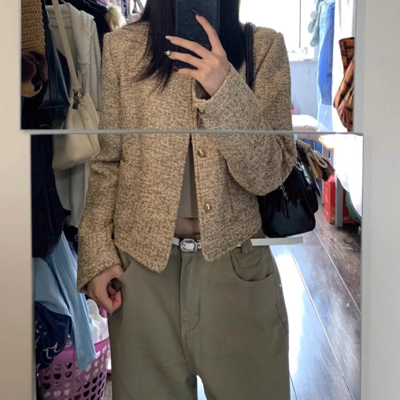 Φθινοπωρινό 2025 Νέο Casual Chanel-Style Χακί Tweed Κοντό Γυναικείο Μπουφάν