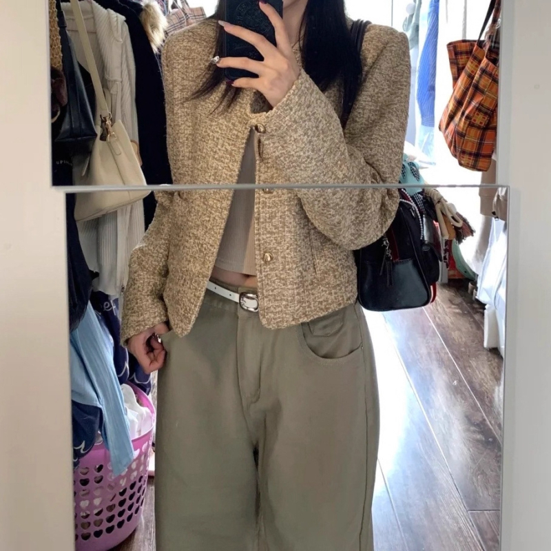 Φθινοπωρινό 2025 Νέο Casual Chanel-Style Χακί Tweed Κοντό Γυναικείο Μπουφάν