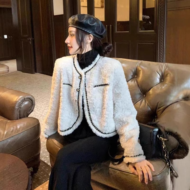 Γυναικείο παλτό από αρνίσιο μαλλί σε στιλ Chanel, χειμερινό πάχος, χαλαρή γραμμή, ευέλικτο, πολυτελές και κομψό, κοντό σακάκι