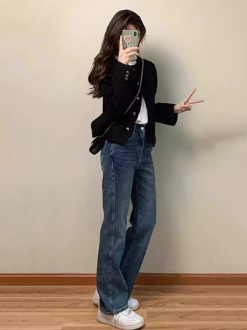 Μαύρο κοντό καρντάγκαν-ζακέτα από tweed για γυναίκες, φθινόπωρο-χειμώνα, κορεάτικου στυλ, κομψή σχεδίαση