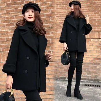 Palton negru de lână, în stil Chanel, pentru femei, lungime medie, toamnă-iarnă, aspect profesional