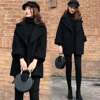 Palton negru de lână, în stil Chanel, pentru femei, lungime medie, toamnă-iarnă, aspect profesional