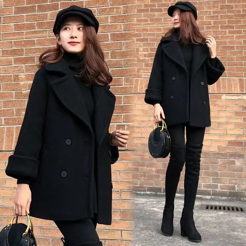 Palton negru de lână, în stil Chanel, pentru femei, lungime medie, toamnă-iarnă, aspect profesional