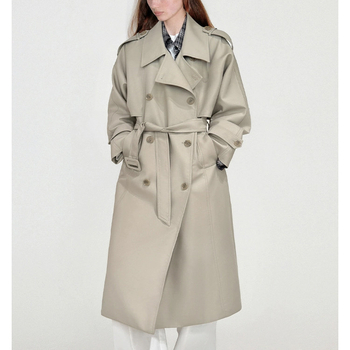 Γυναικείος χακί vintage trench, μεσαίου μήκους, βρετανικού ύφους casual με πέτο, κατάλληλο για αρχές άνοιξης και φθινοπώρου.