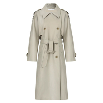 Γυναικείος χακί vintage trench, μεσαίου μήκους, βρετανικού ύφους casual με πέτο, κατάλληλο για αρχές άνοιξης και φθινοπώρου.