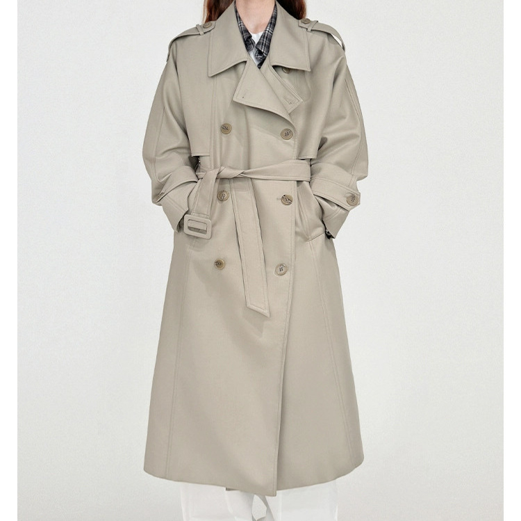 Γυναικείος χακί vintage trench, μεσαίου μήκους, βρετανικού ύφους casual με πέτο, κατάλληλο για αρχές άνοιξης και φθινοπώρου.
