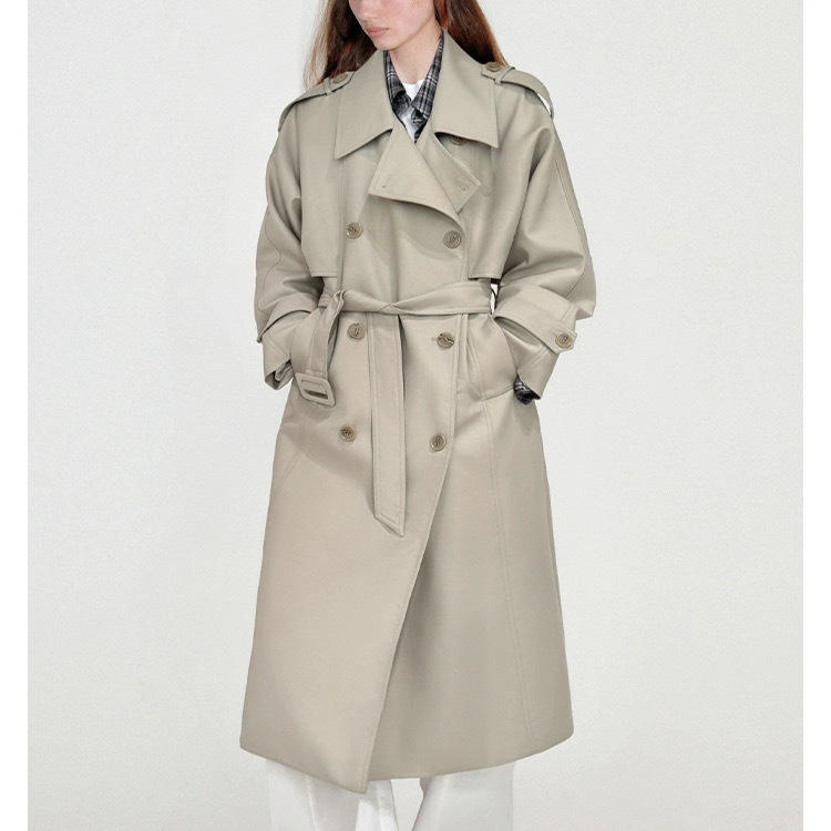 Γυναικείος χακί vintage trench, μεσαίου μήκους, βρετανικού ύφους casual με πέτο, κατάλληλο για αρχές άνοιξης και φθινοπώρου.