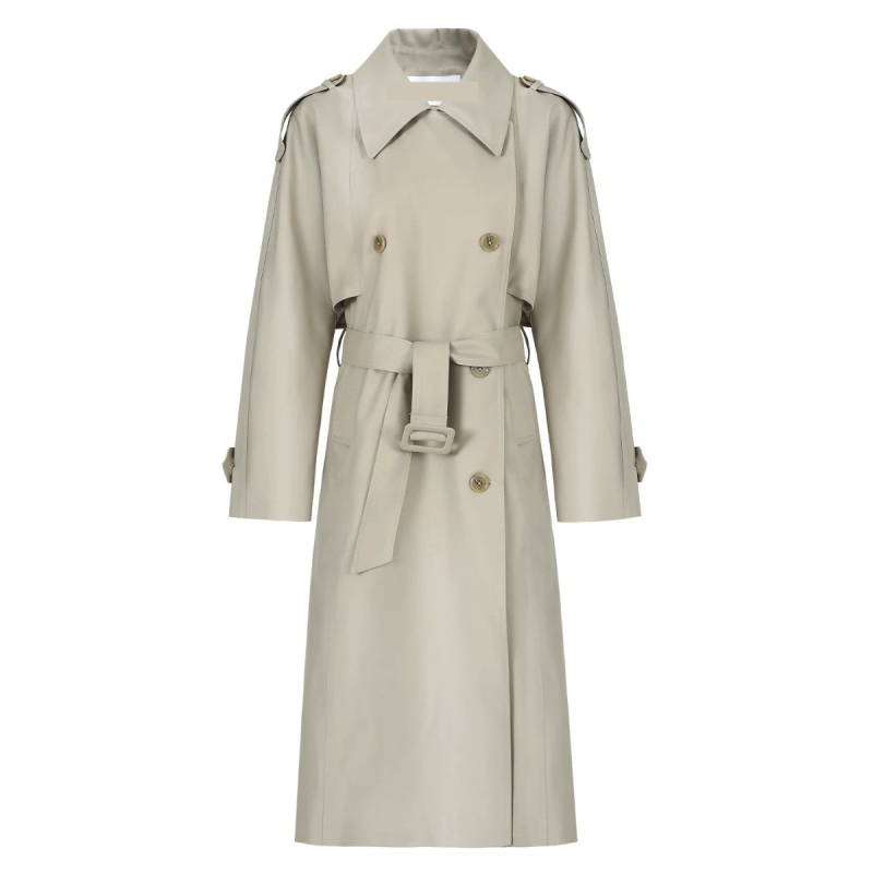 Γυναικείος χακί vintage trench, μεσαίου μήκους, βρετανικού ύφους casual με πέτο, κατάλληλο για αρχές άνοιξης και φθινοπώρου.