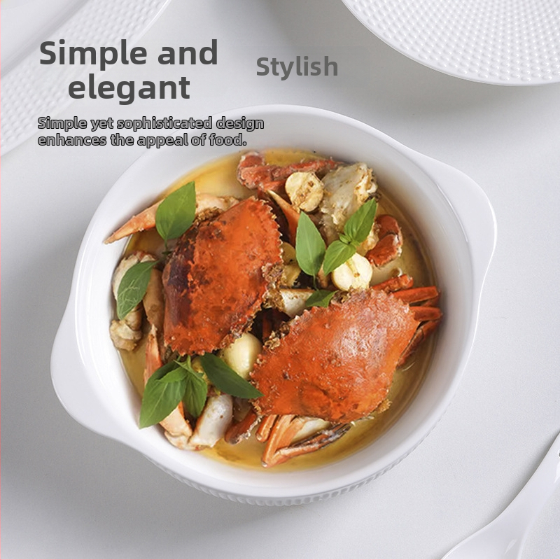 Keramická misa na polievku s dvomi uchami, biela, veľká, s textúrou zŕn a protišmytovou spodnou stranou, vhodná do mikrovlnky, vhodná pre rybu so sauerkraut a bežné použitie