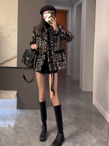 Μαύρο γυναικείο μπουφάν πούπουλο σε στυλ Chanel, για γυναίκες, μικρού μεγέθους, αίσθηση πολυτέλειας, κοντό μοντέλο με παχύ μαλλί, νέα συλλογή άνοιξη-φθινόπωρο-χειμώνα