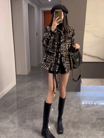 Μαύρο γυναικείο μπουφάν πούπουλο σε στυλ Chanel, για γυναίκες, μικρού μεγέθους, αίσθηση πολυτέλειας, κοντό μοντέλο με παχύ μαλλί, νέα συλλογή άνοιξη-φθινόπωρο-χειμώνα