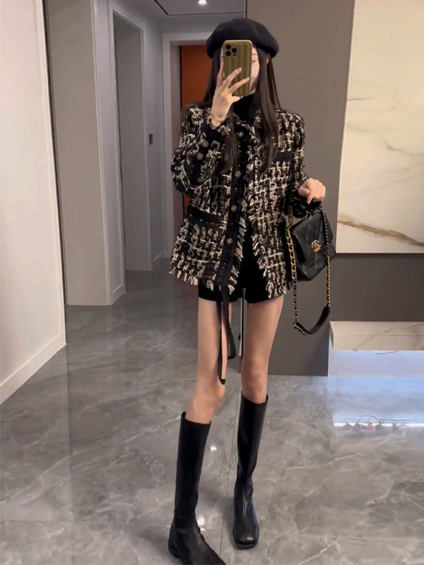 Μαύρο γυναικείο μπουφάν πούπουλο σε στυλ Chanel, για γυναίκες, μικρού μεγέθους, αίσθηση πολυτέλειας, κοντό μοντέλο με παχύ μαλλί, νέα συλλογή άνοιξη-φθινόπωρο-χειμώνα