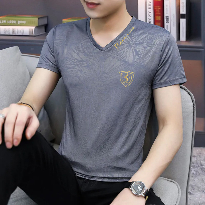 Νέο αντρικό κοντομάνικο T‑shirt από ice silk με V‑λαιμό, χαλαρή γραμμή, ελαφρύ, διαπνέον και γρήγορο στέγνωμα.