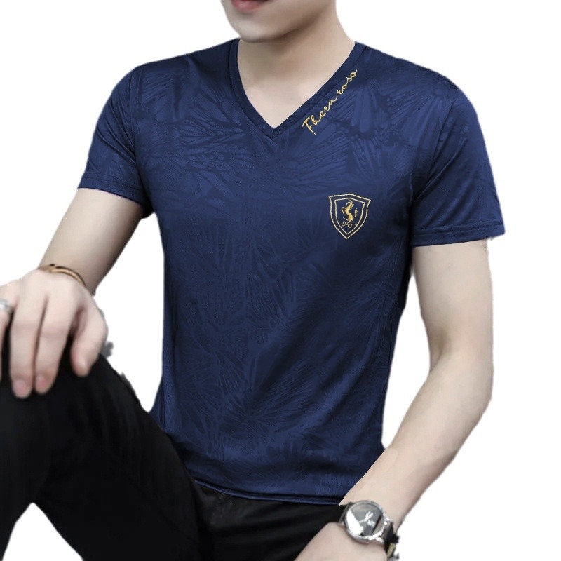 Νέο αντρικό κοντομάνικο T‑shirt από ice silk με V‑λαιμό, χαλαρή γραμμή, ελαφρύ, διαπνέον και γρήγορο στέγνωμα.