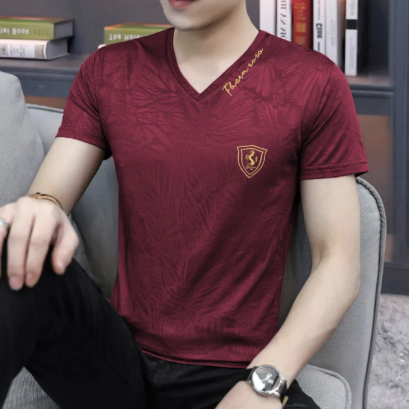 Νέο αντρικό κοντομάνικο T‑shirt από ice silk με V‑λαιμό, χαλαρή γραμμή, ελαφρύ, διαπνέον και γρήγορο στέγνωμα.