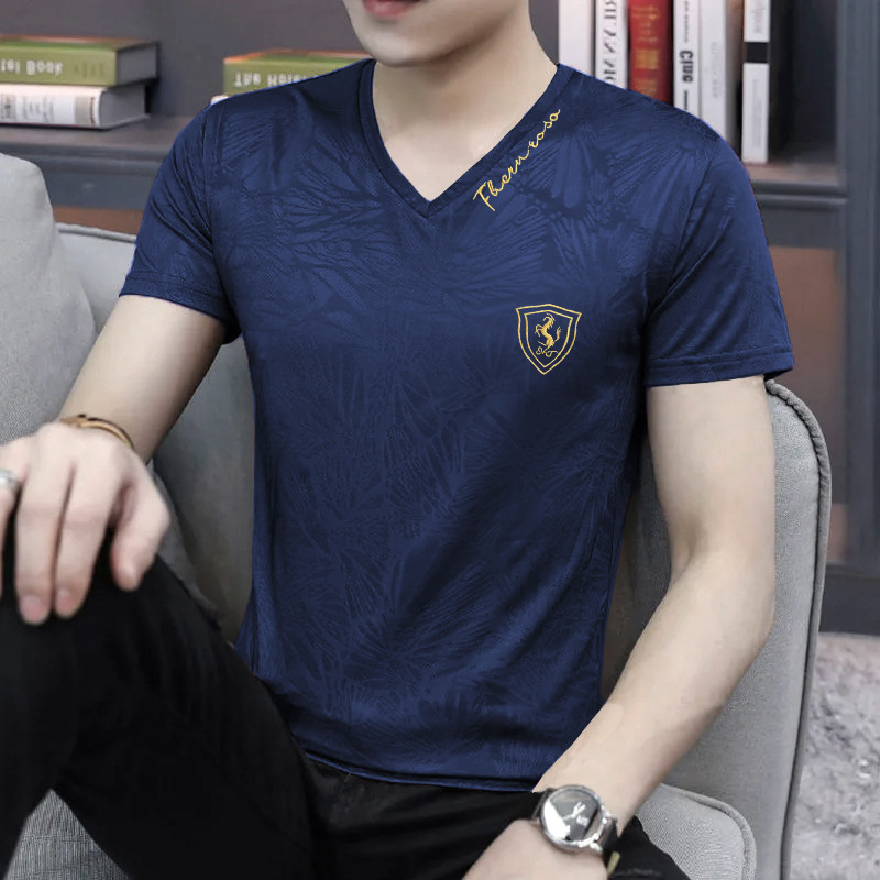 Νέο αντρικό κοντομάνικο T‑shirt από ice silk με V‑λαιμό, χαλαρή γραμμή, ελαφρύ, διαπνέον και γρήγορο στέγνωμα.