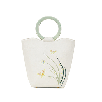 Κεντημένη bucket τσάντα με μοτίβα λωτού και Pinellia, κινεζικά εμπνευσμένου στυλ – ιδανική για τελετές με κινεζικά φορέματα