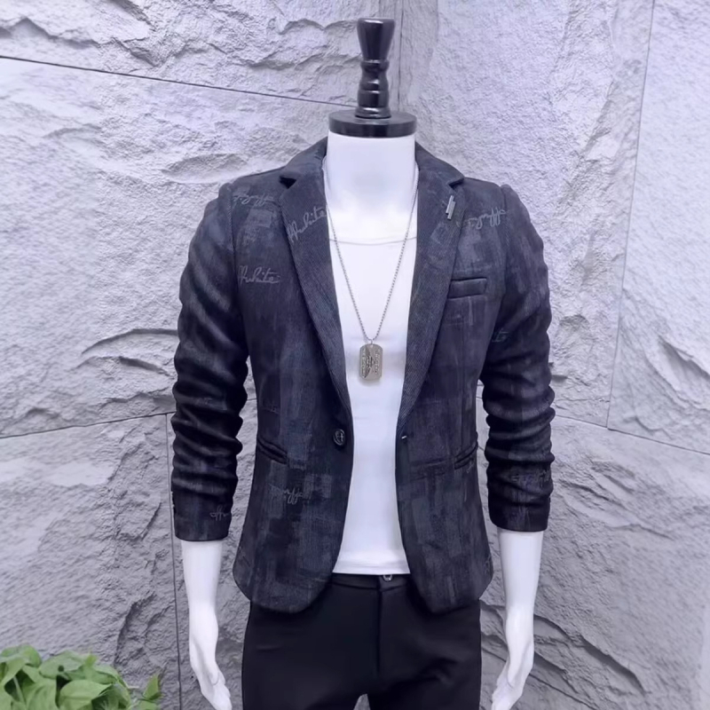 Pánske sako na jar a jeseň, korejský štýl, slim-fit, jednoradové, károvaný vzor