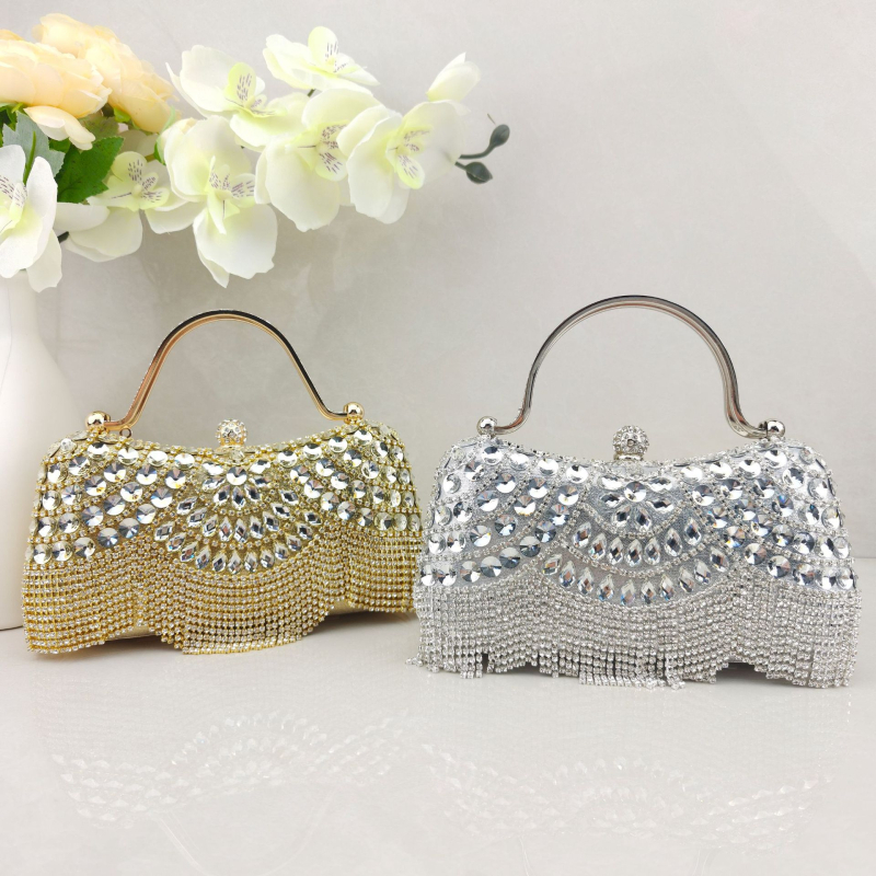 Τσαντάκι clutch διακοσμημένο με διαμάντια με φουντές, βραδινή τσάντα για γάμους και δεξιώσεις, τσάντα στον ώμο, μίνι τετράγωνο σχήμα