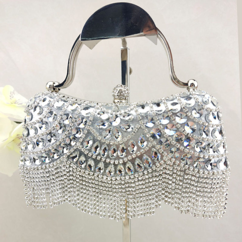 Τσαντάκι clutch διακοσμημένο με διαμάντια με φουντές, βραδινή τσάντα για γάμους και δεξιώσεις, τσάντα στον ώμο, μίνι τετράγωνο σχήμα