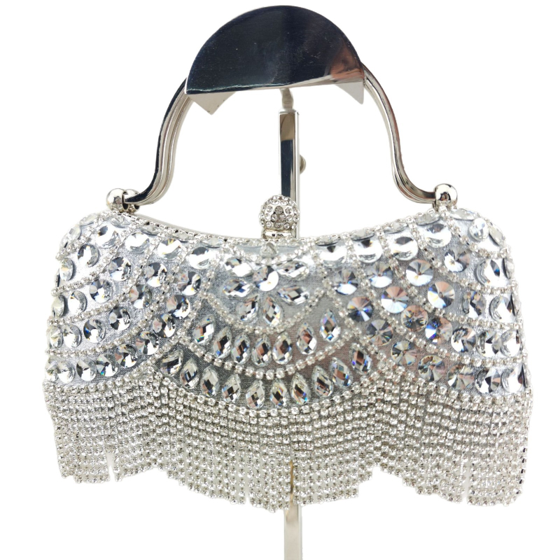 Τσαντάκι clutch διακοσμημένο με διαμάντια με φουντές, βραδινή τσάντα για γάμους και δεξιώσεις, τσάντα στον ώμο, μίνι τετράγωνο σχήμα