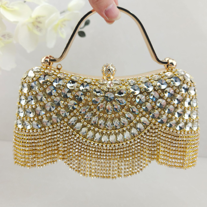 Τσαντάκι clutch διακοσμημένο με διαμάντια με φουντές, βραδινή τσάντα για γάμους και δεξιώσεις, τσάντα στον ώμο, μίνι τετράγωνο σχήμα