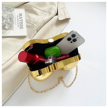 Βραδινή clutch τσάντα με ακρυλικό κέλυφος σε σχήμα κοχυλιού, μονοχρωμη μεταλλική επίστρωση, χιαστού λουράκι για γυναίκες