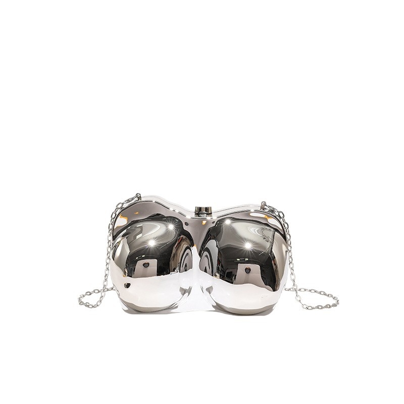 Βραδινή clutch τσάντα με ακρυλικό κέλυφος σε σχήμα κοχυλιού, μονοχρωμη μεταλλική επίστρωση, χιαστού λουράκι για γυναίκες
