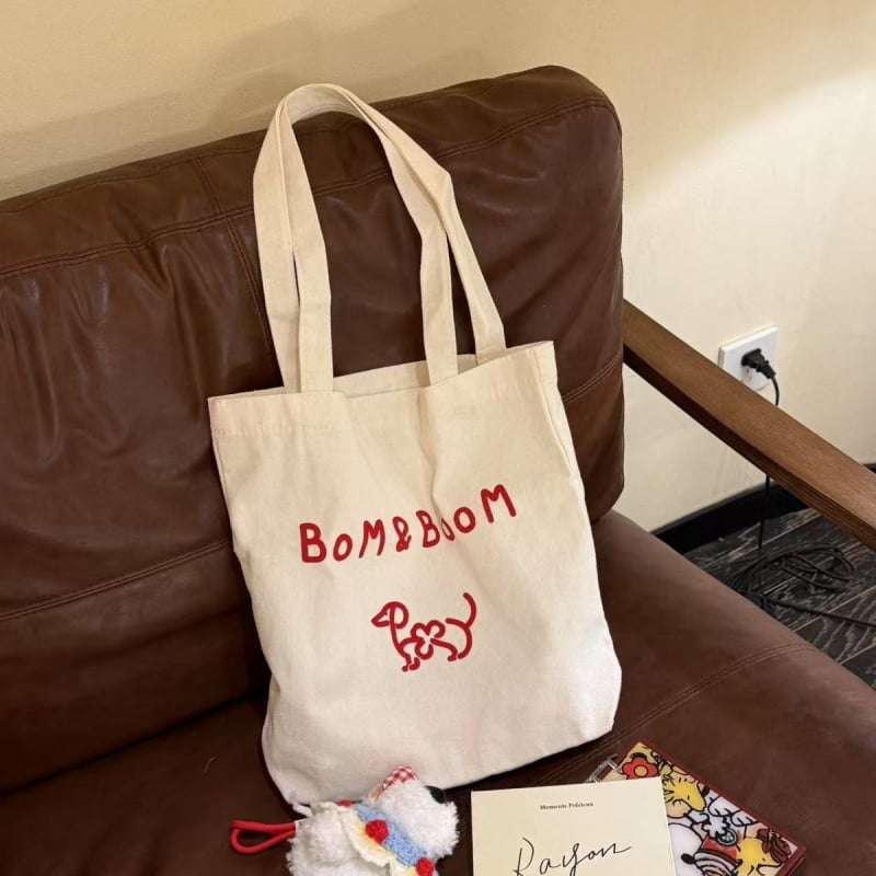 Bom&Boom Τσάντα ώμου από καμβά σε κορεατικό στυλ, με εκτύπωση γραμμάτων και μοτίβο κουταβιού