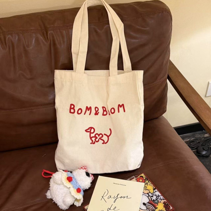 Bom&Boom Τσάντα ώμου από καμβά σε κορεατικό στυλ, με εκτύπωση γραμμάτων και μοτίβο κουταβιού