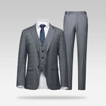 Háromrészes férfi öltöny szürke kockás, slim fit, üzleti viselet