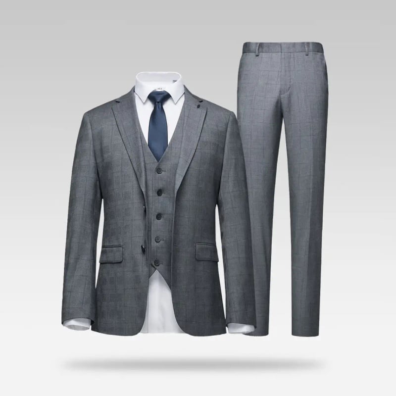 Háromrészes férfi öltöny szürke kockás, slim fit, üzleti viselet