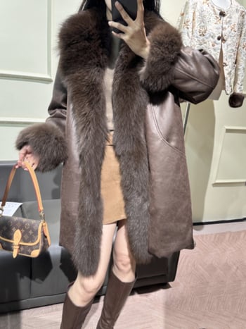 Γυναικείο παλτό από γούνα αλεπούς, Plus Size, με μεγάλο γούνινο γιακά και επένδυση από πούπουλο πάπιας, παρκά