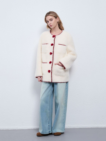 Γυναικείο παλτό με shearling και κουμπιά με πομπον, με ειδιά Chanel εμπνευσμένο, παχύ παλτό φθινόπωρο-χειμώνα