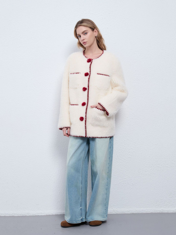 Γυναικείο παλτό με shearling και κουμπιά με πομπον, με ειδιά Chanel εμπνευσμένο, παχύ παλτό φθινόπωρο-χειμώνα