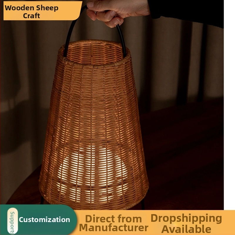 Lampa z ratanu v japonskom štýle Wabi-Sabi, bambusové pletenie, retro americký obývačkový dizajn, spálňa s dojmom luxusu