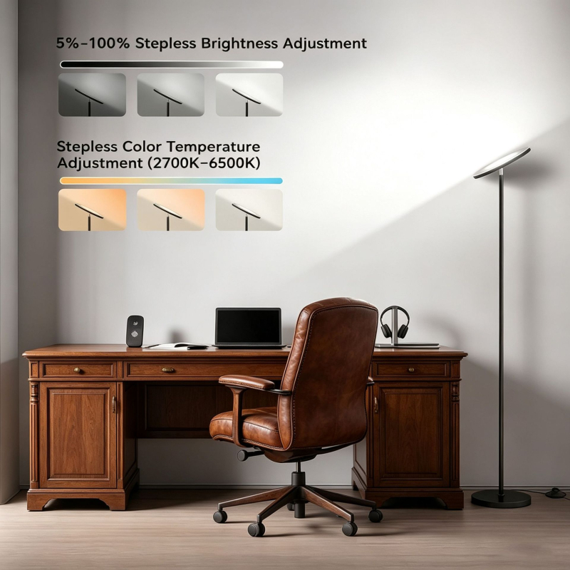 LED δαπέδου με τηλεχειριστήριο, ρυθμιζόμενη θερμοκρασία χρώματος 3000K–6500K, ύψος 155 cm, σιδερένιο πλαίσιο, υφασμάτινο σκίαστρο