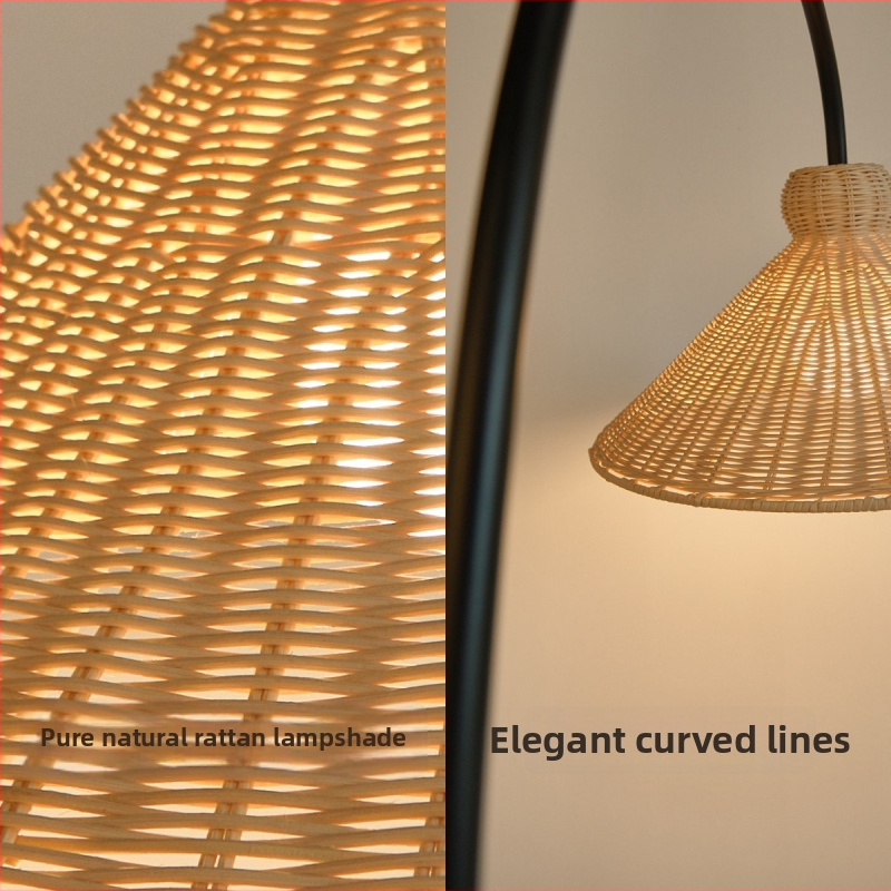 Podlahová lampa z ratanu pre obývaciu izbu – francúzsky vintage krémový štýl a retro japonský wabi-sabi štýl, LED s trojfarebným stmievaním, kovový rám