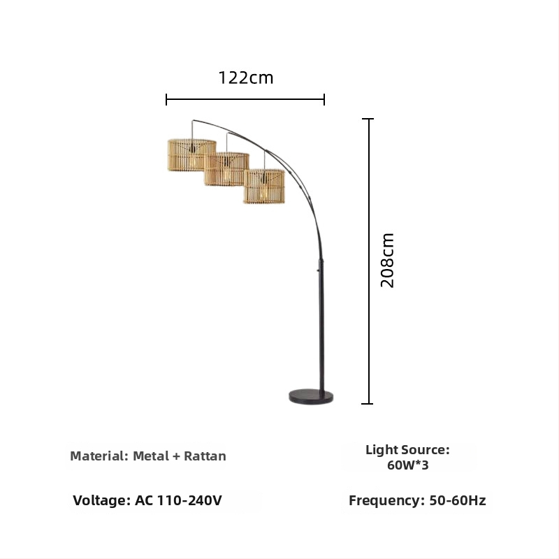 Nordická stojacia lampa so tri hlavami, zakrivená ratánová konštrukcia a textilné tienidlo, LED, výška 195 cm, vhodná do obývačky a spálne.