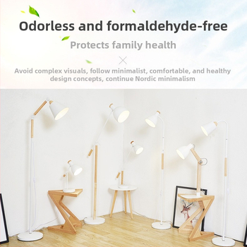Severný štýl masívneho dreveného konferenčného stolíka a stojacej lampy pre obývaciu izbu, študovňu a spálňu — jednoduché moderné osvetlenie.